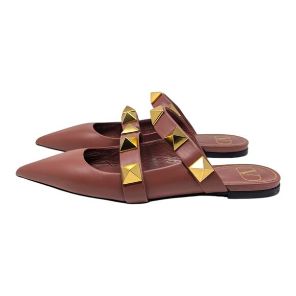 Valentino Garavani Roman stud leather pointed toe flat mule gold brown 38 - Picture 6 of 13